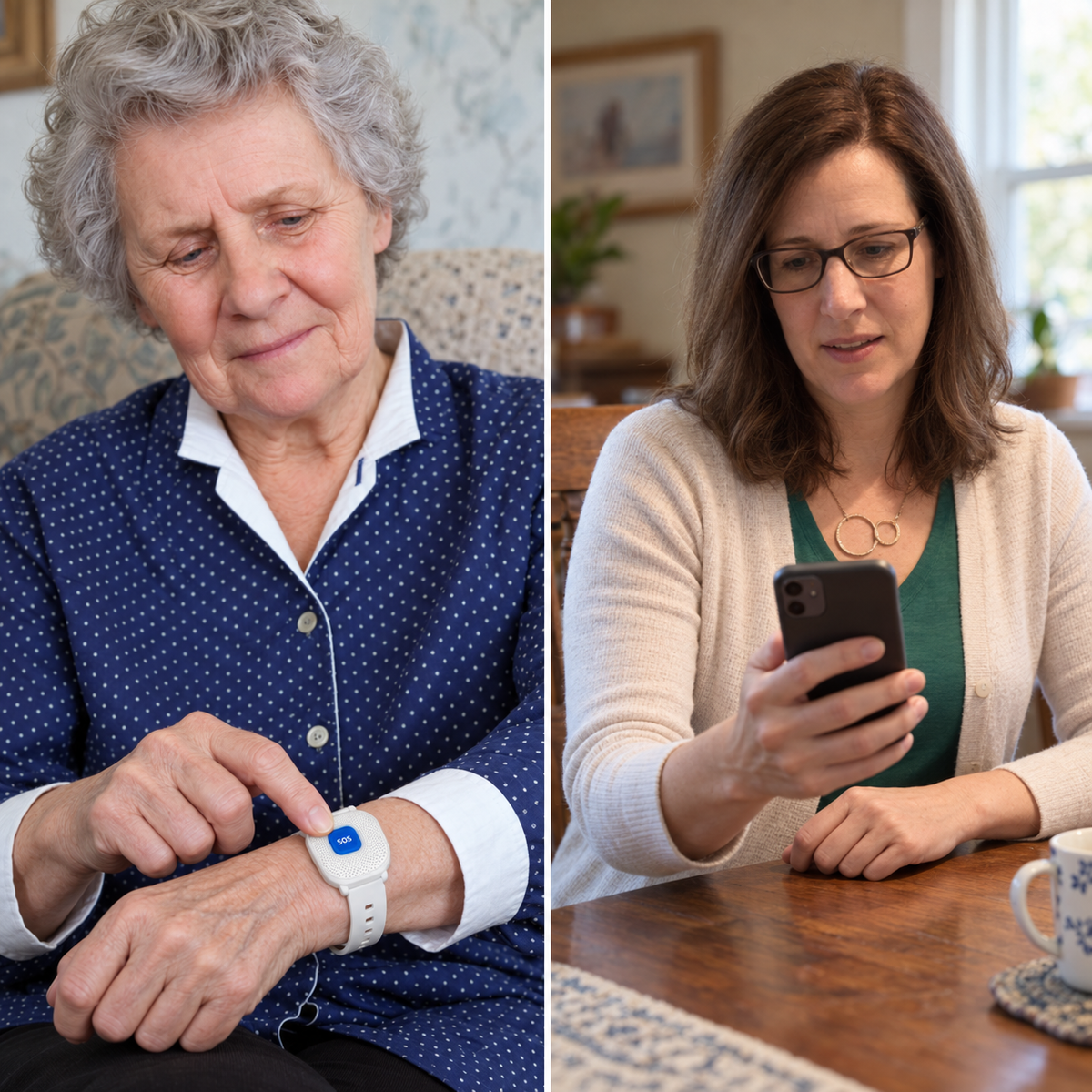 Mutter drückt die SOS-Taste, während ihre Tochter auf ihr Smartphone schaut.