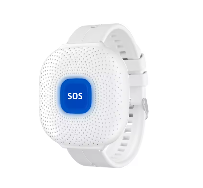Weißes SafeAlert SOS-Armband mit blauer SOS-Taste